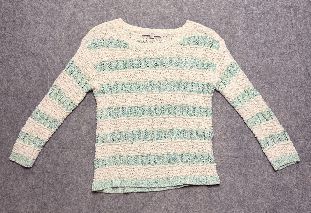LOFT Womens XS Cream Mint Striped Open Knit Sweater Pullover
